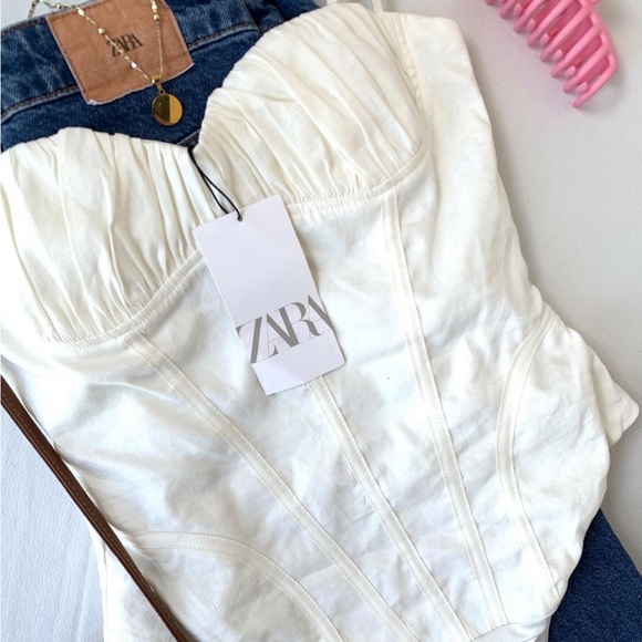 Zara NWOT linen blend ruched bust bustier top corset style ivory white bodysuit - Picture 2 of 7